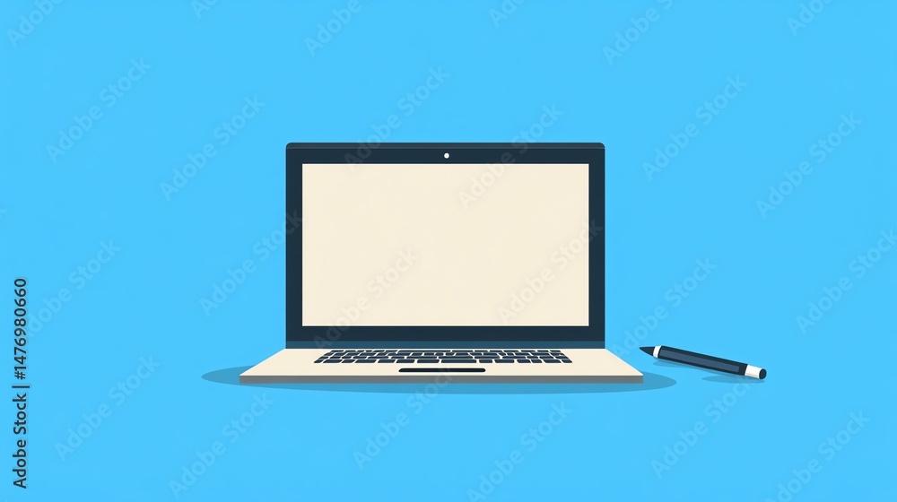 Poster a laptop sits with a pen resting on its surface. it’s a simple setup suggesting work or note-taking.