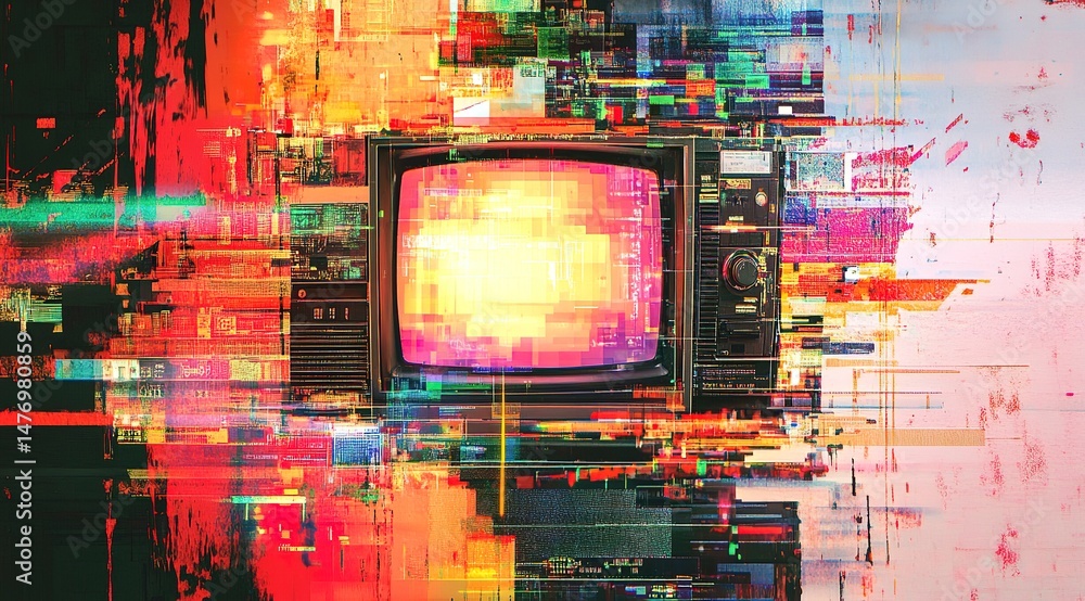 Poster retro tv glitch texture with pixelated artifacts and scan lines.