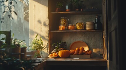 Obraz premium Rustic kitchen counter with produce, plants, and canned goods on shelves.