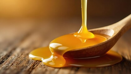 Golden honey dripping from a wooden spoon, creating glistening texture , stream, close-up