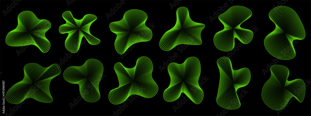 Poster Set of green glowing abstract line shapes with fluid organic forms on a black background. Ideal for tech, sci-fi, or digital design projects. Vector EPS 10