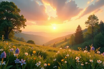 Fototapeta premium Golden sunrise paints the sky with pastel hues on Easter morning Peaceful, serene landscape bathed in warm light , purple, religious, sunrise