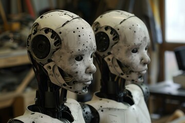 Fototapeta premium Two humanoid robots are displayed, showcasing advanced artificial intelligence and machine learning capabilities