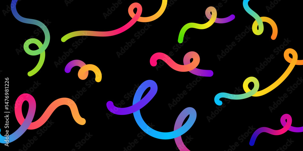 Poster colorful gradient curly lines on black. perfect for festive, abstract, or modern digital design elem
