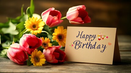 Birthday Wishes: Tulips and daisies celebrate another year with heartfelt charm.