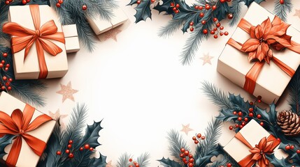Festive christmas gifts surrounded by holiday foliage and decorations
