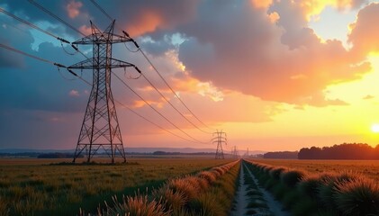 High-voltage power lines stretching across a landscape, connected to a distant power plant Energy transmission, infrastructure, electricity , power supply, electrical