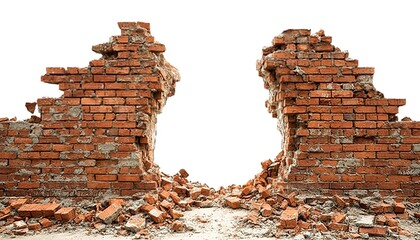 Broken red brick wall debris against white background.
