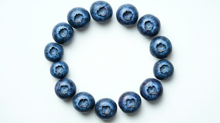 A vibrant photo showcases a scattering of blueberries against a clean white background. The focus is on the fresh, plump blueberries.