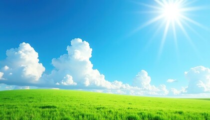 Bright, sunny landscape with clear blue sky and fluffy clouds Perfect for summer, vacation, or travel themes , aerial, calm, bright