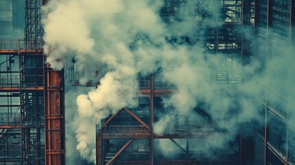 Industrial pollution, thick smoke billowing from factory structures