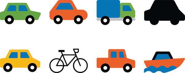 Cartoon illustrations of various colorful vehicles including cars trucks bicycle and boat
