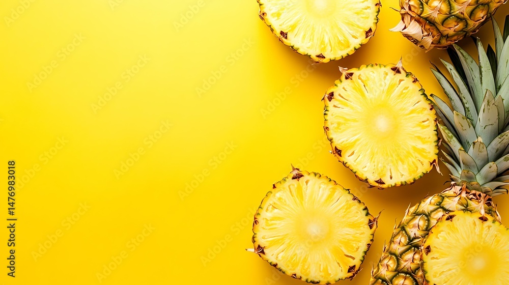 Poster the photo features several pineapples arranged against a bright yellow backdrop. it’s a simple and c