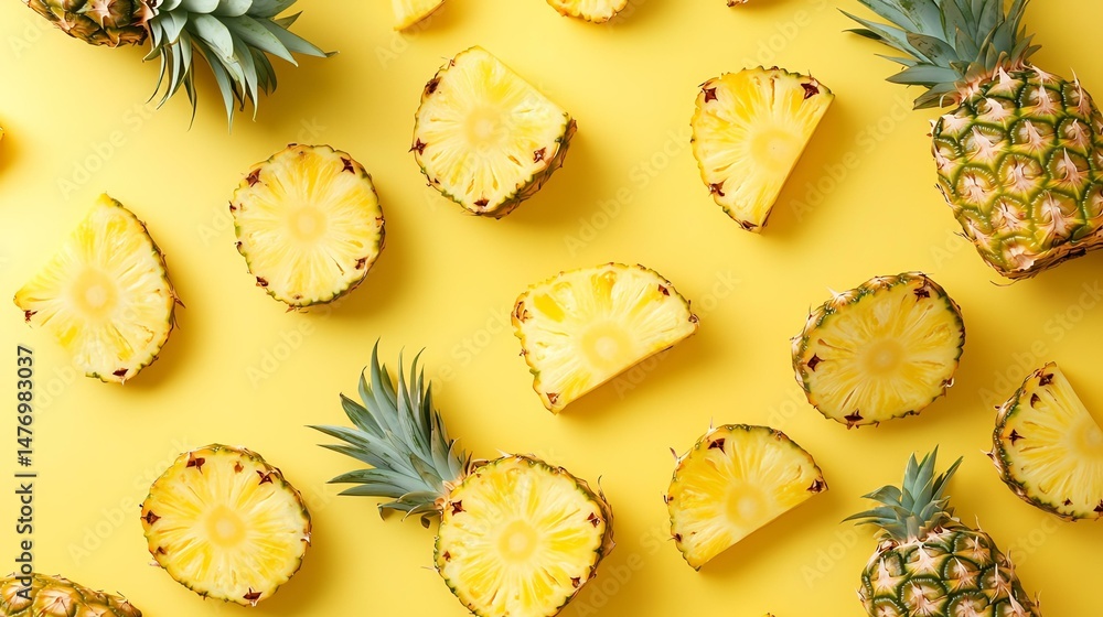 Poster the photo features several pineapples arranged against a yellow background. it’s a simple compositio