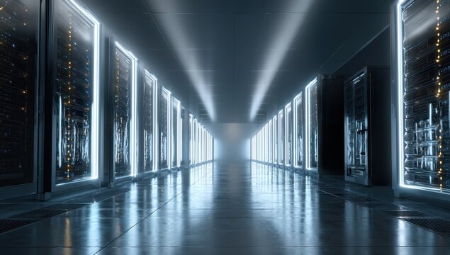 Data center hallway with server racks
