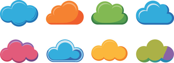 Fototapeta premium Colorful cloud icons arranged in rows on a white background representing weather symbols
