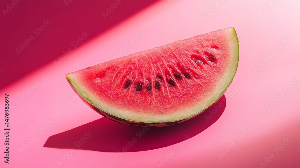 Poster a vibrant slice of watermelon sits on a pink background. it’s a simple and refreshing image.