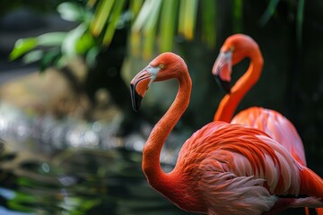 Obraz premium Two pink flamingos standing near pond in a tropical environment
