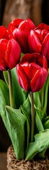 Vibrant Red Tulips in a Rustic Pot