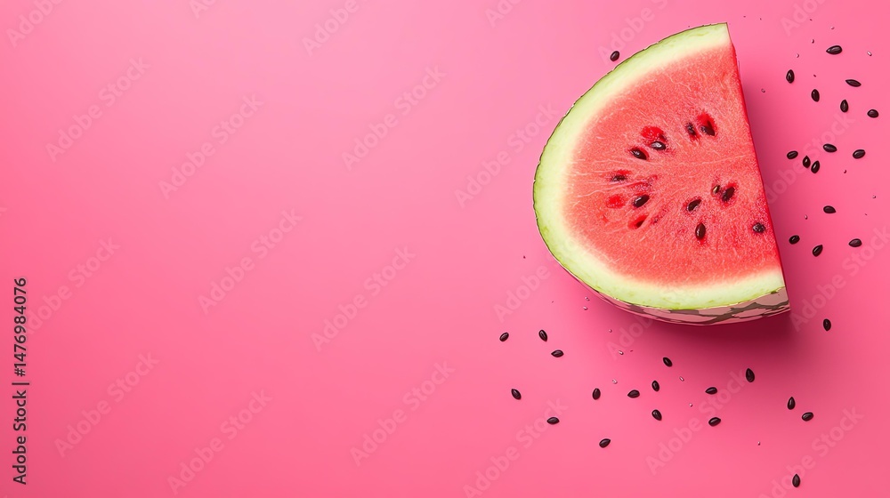 Poster a vibrant slice of watermelon sits on a pink background. it’s a simple and refreshing image.