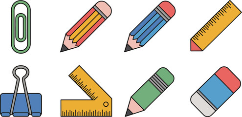 Colorful illustrated stationery set including pencils eraser rulers and paper clip elements
