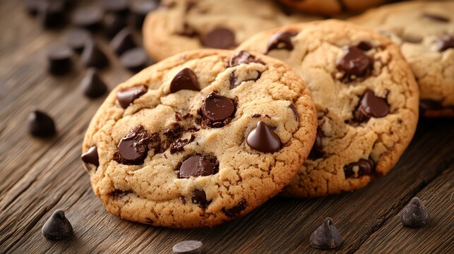 A close-up shot showcases freshly baked chocolate chip cookies sitting on a rustic wooden table. The image highlights the golden-brown cookies with scattered chocolate chips. - Powered by Adobe