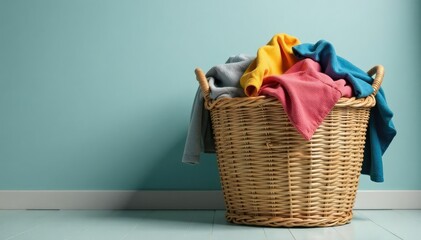 Overfilled woven laundry basket overflowing with clothes , textile fiber, yarn, dirty laundry