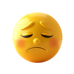 Fototapeta premium A sad yellow emoji face with furrowed brows and downcast eyes conveys profound melancholy feeling.