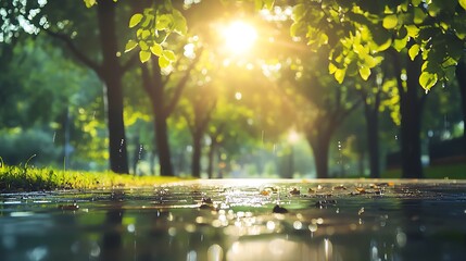 Sunlight Through the Trees Reflects on a Wet Path in a Green Park Setting