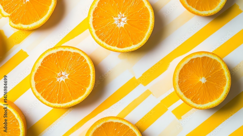 Poster a vibrant photo showcases a cluster of oranges arranged against a yellow and white striped backgroun