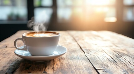 Obraz premium A cup of coffee sits on a wooden table. It’s a simple, cozy scene.