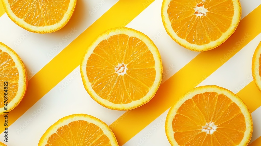 Poster bright oranges are arranged on a vibrant yellow and white striped background. the image features a c