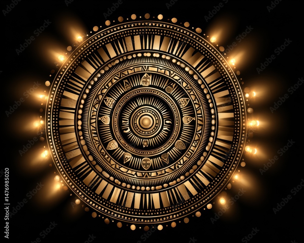 Poster intricate golden mandala design with illuminated patterns and decorative elements on a black backgro