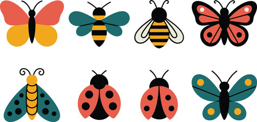 Simple and cute illustrations of butterflies bees ladybugs and other insects on white © zagrapic540