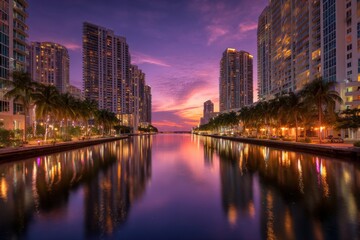 Fototapeta premium Miami cityscape at dusk river reflections