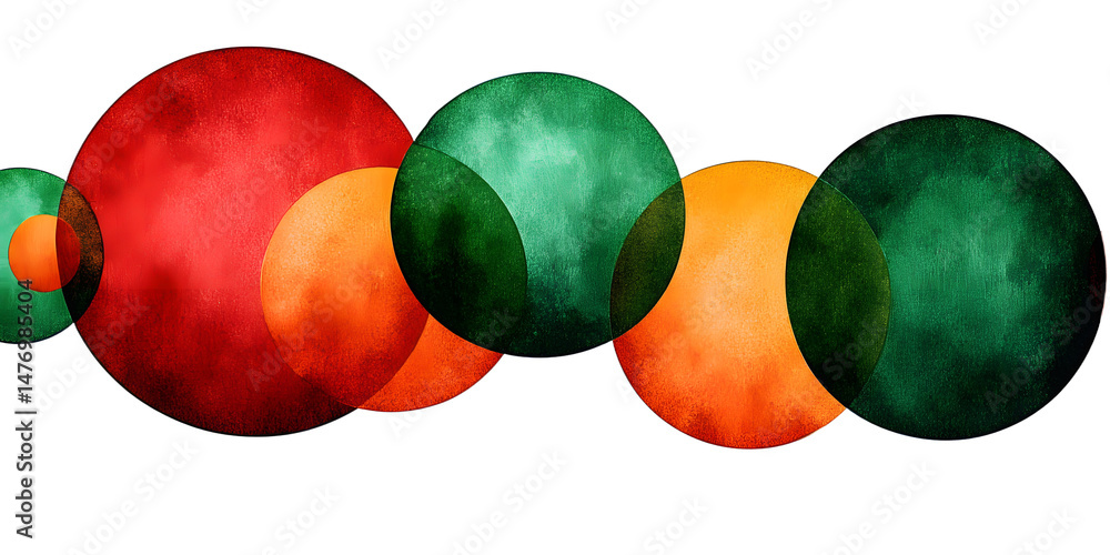 Poster watercolor abstract circles in vibrant green red and orange showcasing a playful interplay of color 