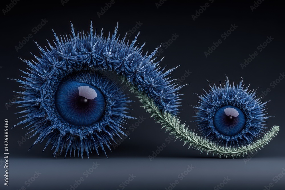 Poster abstract design showcasing intricate blue spiky forms with glossy eyes, demonstrating a surreal and 