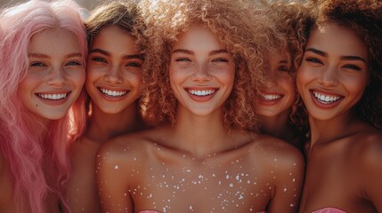 Group of diverse young women smiling together in bright outdoor setting