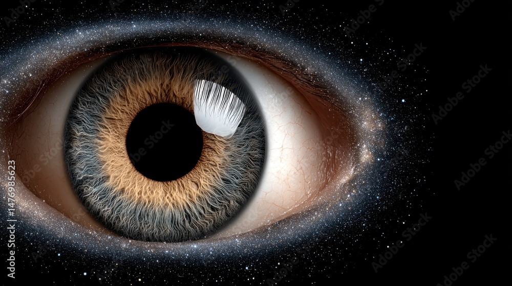 Poster captivating close-up of an eye with cosmic background illustrating imagination and wonder of the uni