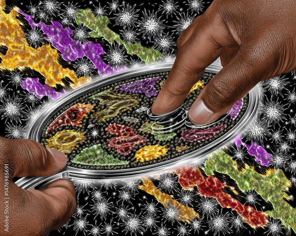 Poster hands interacting with vibrant cosmic elements on a shimmering surface, symbolizing connection to th
