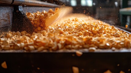 Close up of golden crushed material on production surface with dynamic action