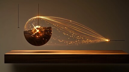 Wooden clock glows, light trails stream past
