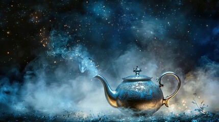 Ornate teapot steams magically under starry night