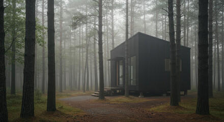 Modern cabin in a misty forest surrounded by tall pine trees creating a tranquil atmosphere