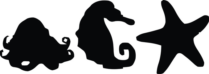 Vector EPS Black Silhouette of an Octopus, Seahorse, and Starfish - Marine Life Illustration for Ocean-Themed Design Projects