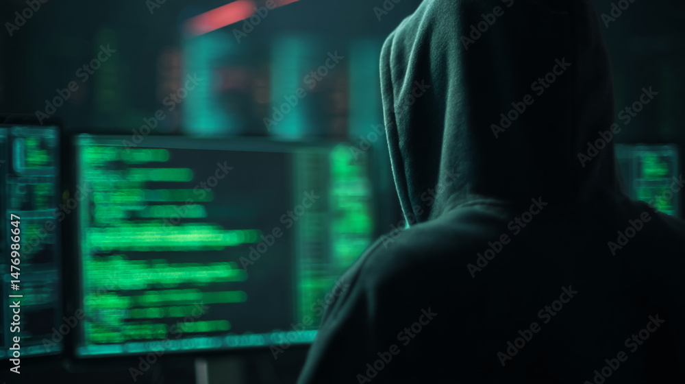 Poster hooded figure sits before glowing green computer screens, depicting a hacker or programmer at work, 