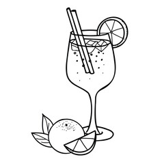 Aperol Spritz Cocktail composition. Hand drawn Vector illustration of alcohol drink with orange fruit and slice and ice in Doodle style. For cocktail bar menu, logo or drink summer party Invitations.