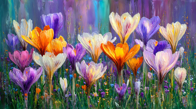 colorful crocuses in spring. The arrival of spring
