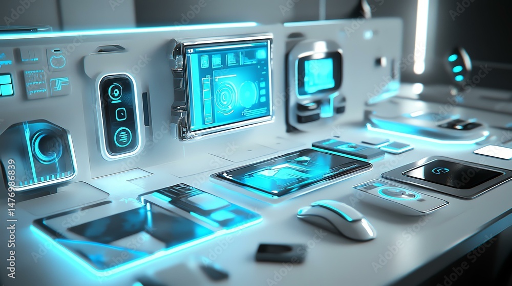 Poster a desk is cluttered with a variety of electronic devices. it appears to be a workspace filled with t