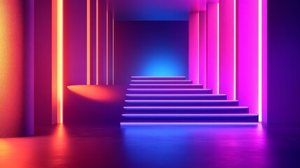 A long corridor is illuminated by vibrant neon lights, leading up a grand, sweeping staircase. The scene evokes a sense of mystery and scale.